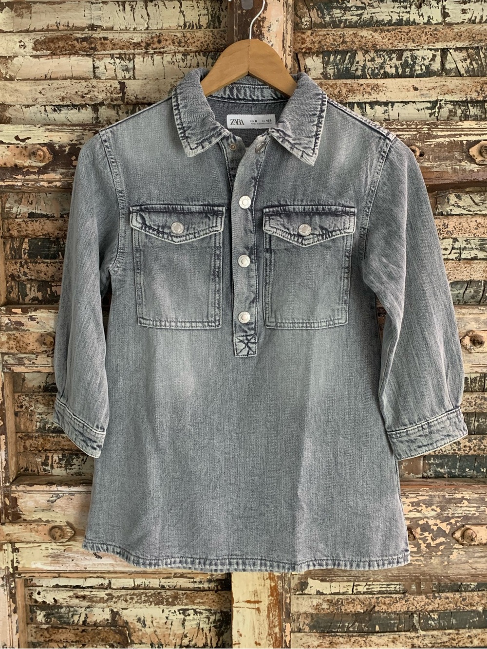 NWT Zara Kids Girls Gray Denim Distressed Button-Front Shirt Dress, 8